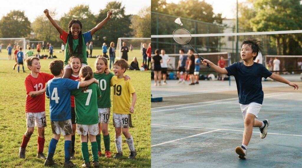 Children playing individual vs team sports side by side, showing football team celebration and solo badminton practice