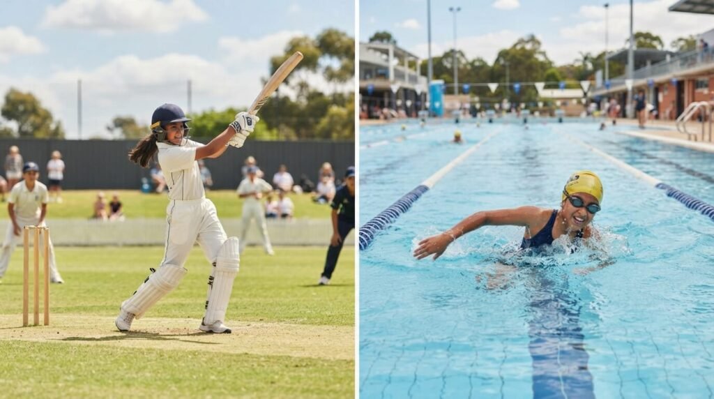 Child athlete playing both team sport cricket and individual sport swimming in a blended approach