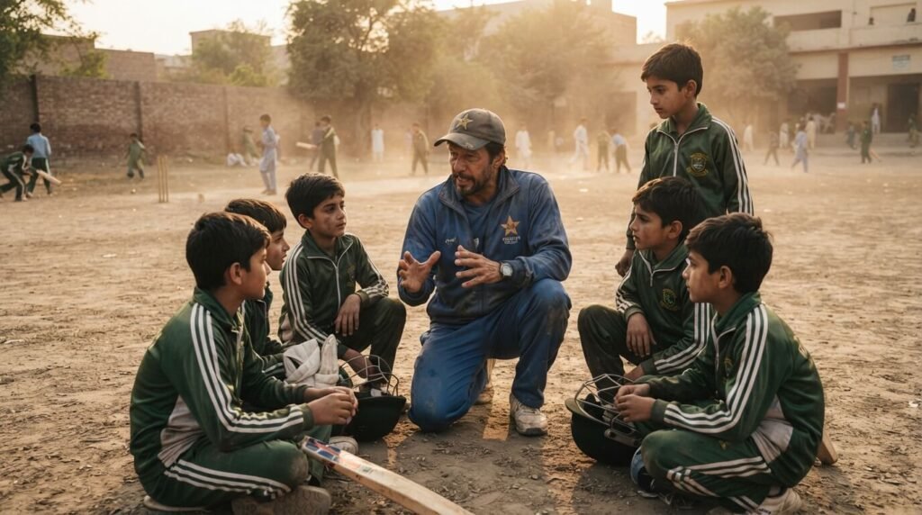 Coach guiding a youth team sports huddle before a cricket match in Pakistan