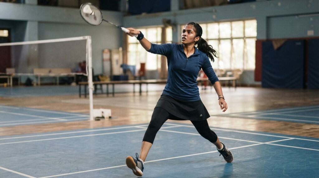 Young athlete focused during solo badminton practice showing individual sports discipline